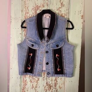 Women’s vintage love letters love notes denim with black trim watermelon vest.